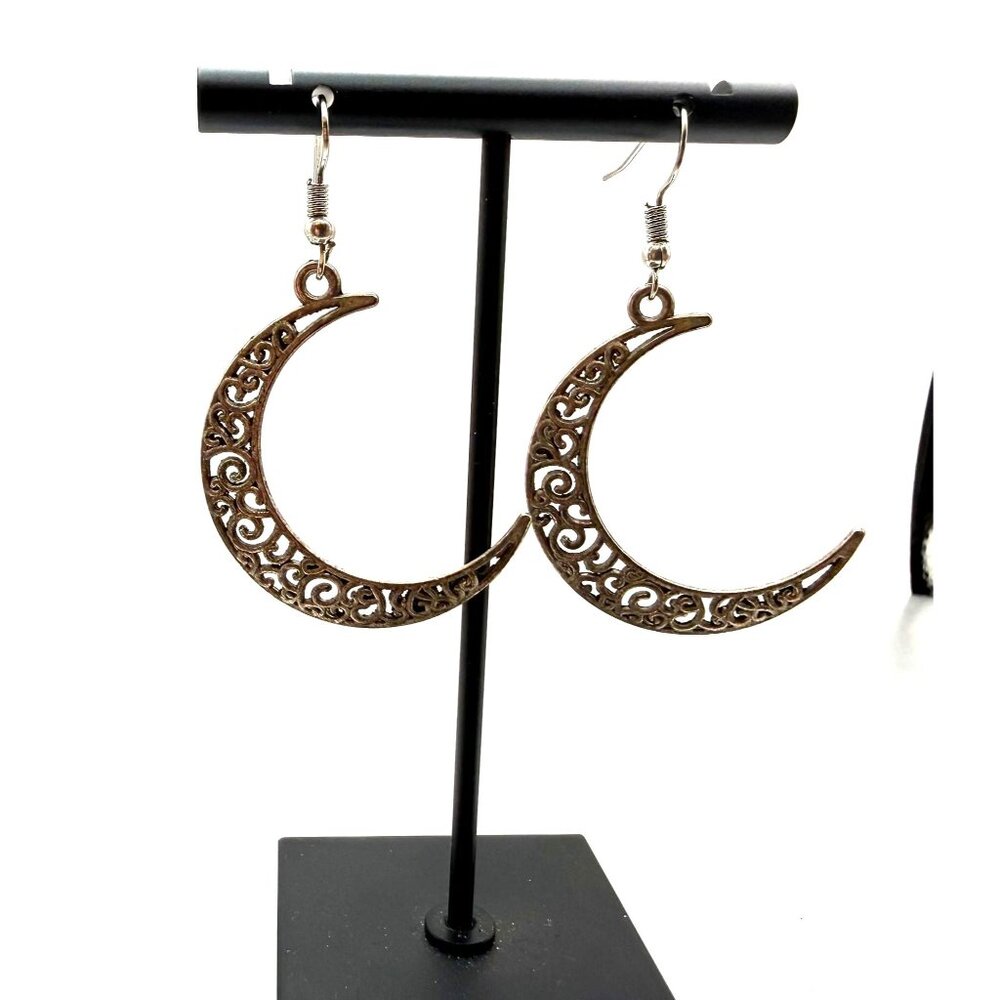 Boho Crescent Moon Filigree Dangle Earrings Antique Bronze Celestial Gothic